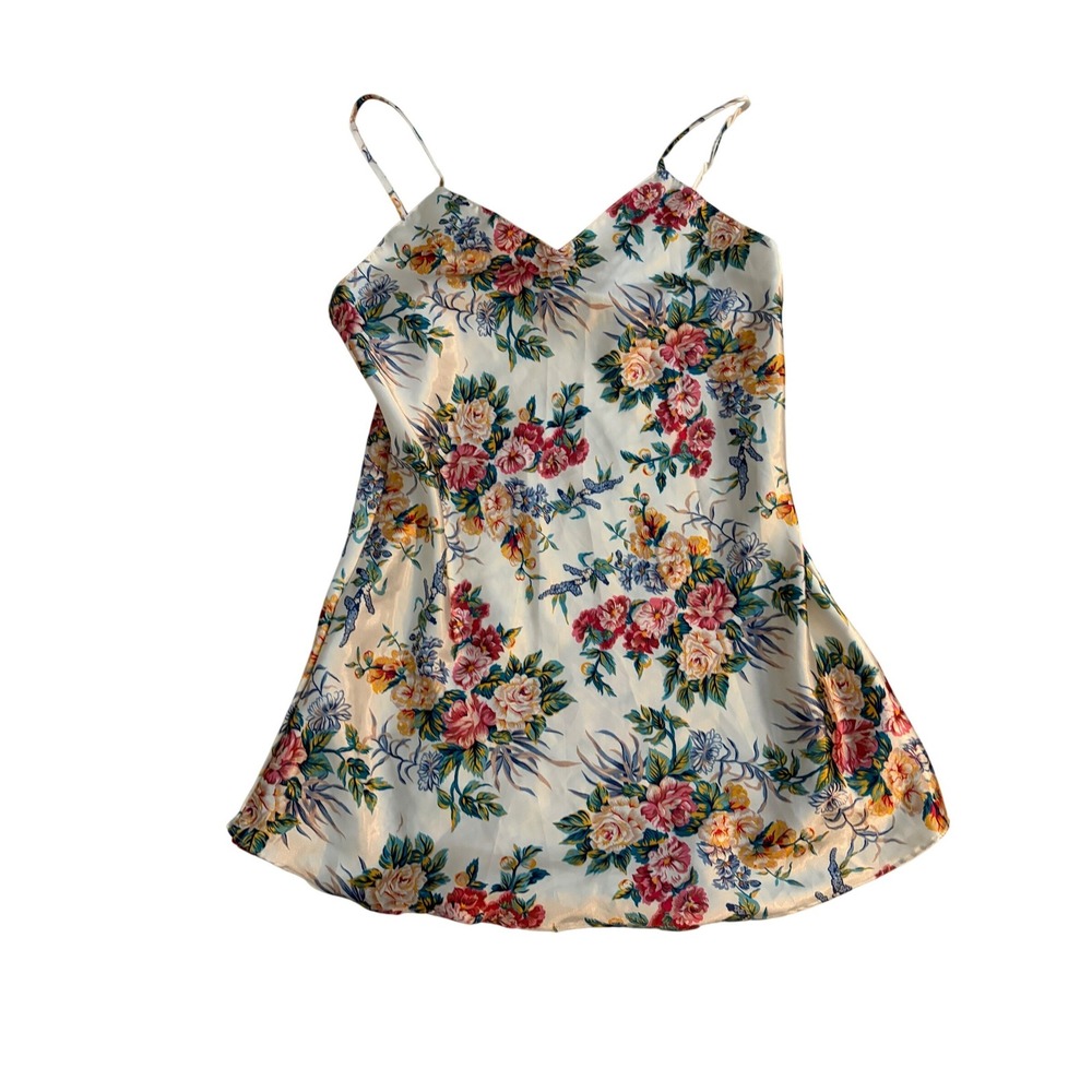 Kathryn Nightgown Vintage Floral Satin Slip Cream Pink Rose‎ Print Medium